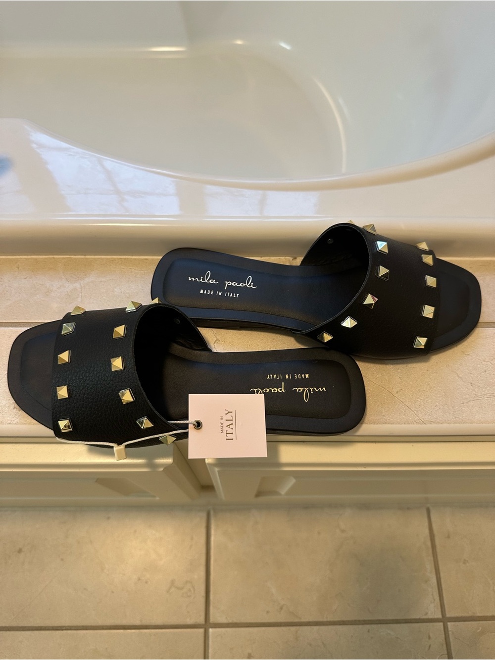 Mila Paoli Black Slide Sandals with Gold Pyramid Studs